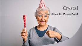  Presentation with trumpet - Audience pleasing slides consisting of senior-beautiful-grey-haired-woman backdrop and a light gray colored foreground