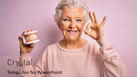  Presentation with denture - Presentation design with senior-beautiful-grey-haired-woman background and a coral colored foreground