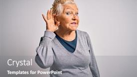  Presentation with golden woman - PPT layouts featuring senior-beautiful-grey-haired-woman background and a gray colored foreground