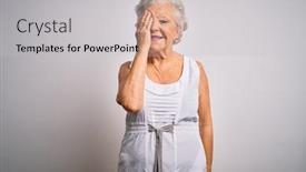  Presentation with emotion - Cool new PPT theme with senior-beautiful-grey-haired-woman backdrop and a light gray colored foreground