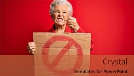  Presentation with red banner - Colorful slide deck enhanced with senior-beautiful-grey-haired-woman backdrop and a red colored foreground