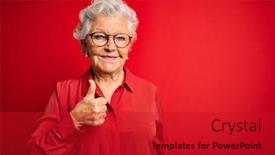  Presentation with red grey - Cool new theme with senior-beautiful-grey-haired-woman backdrop and a crimson colored foreground