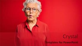  Presentation with red grey - Audience pleasing PPT theme consisting of senior-beautiful-grey-haired-woman backdrop and a crimson colored foreground