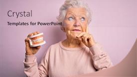  Presentation with denture - Slide set with senior-beautiful-grey-haired-woman background and a lemonade colored foreground