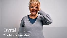  Presentation with golden woman - Cool new PPT theme with senior-beautiful-grey-haired-woman backdrop and a gray colored foreground
