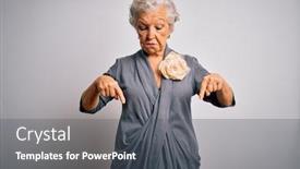  Presentation with woman sad - Cool new slides with senior-beautiful-grey-haired-woman backdrop and a dark gray colored foreground