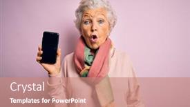  Presentation with grey - Amazing PPT theme having senior-beautiful-grey-haired-woman backdrop and a coral colored foreground