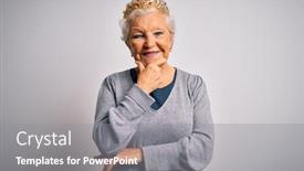  Presentation with golden woman - Beautiful PPT theme featuring senior-beautiful-grey-haired-woman backdrop and a gray colored foreground