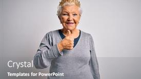  Presentation with queen - Presentation design having senior-beautiful-grey-haired-woman background and a gray colored foreground