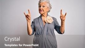  Presentation with rock star - Presentation theme with senior-beautiful-grey-haired-woman background and a gray colored foreground