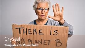  Presentation with hand holding earth - Presentation theme enhanced with senior-beautiful-grey-haired-woman background and a coral colored foreground