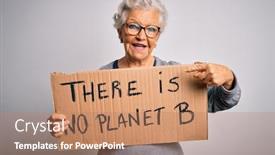  Presentation with hand holding earth - Presentation theme with senior-beautiful-grey-haired-woman background and a coral colored foreground