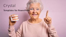  Presentation with denture - Audience pleasing presentation theme consisting of senior-beautiful-grey-haired-woman backdrop and a soft green colored foreground