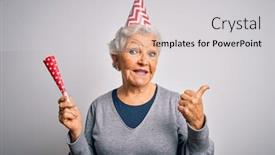  Presentation with happy birthday - Amazing slide deck having senior-beautiful-grey-haired-woman backdrop and a light gray colored foreground