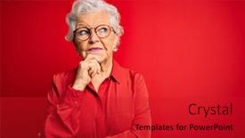 Presentation with real woman hair texture human - Beautiful PPT layouts featuring senior-beautiful-grey-haired-woman backdrop and a crimson colored foreground