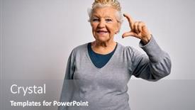  Presentation with golden woman - Cool new PPT theme with senior-beautiful-grey-haired-woman backdrop and a gray colored foreground