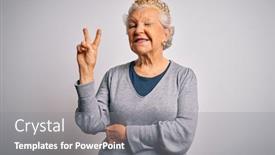  Presentation with golden woman - Amazing presentation theme having senior-beautiful-grey-haired-woman backdrop and a gray colored foreground