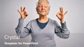  Presentation with golden woman - Amazing PPT theme having senior-beautiful-grey-haired-woman backdrop and a gray colored foreground