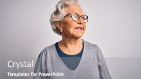  Presentation with confident - Slide deck having senior-beautiful-grey-haired-woman background and a gray colored foreground