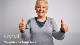  Presentation with golden woman - PPT theme featuring senior-beautiful-grey-haired-woman background and a gray colored foreground
