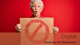  Presentation with red banner - Colorful slide set enhanced with senior-beautiful-grey-haired-woman backdrop and a red colored foreground