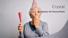  Presentation with trumpet - Audience pleasing presentation consisting of senior-beautiful-grey-haired-woman backdrop and a light gray colored foreground
