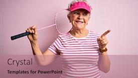  Presentation with badminton - Colorful theme enhanced with senior-beautiful-sportswoman-holding-badminton backdrop and a coral colored foreground