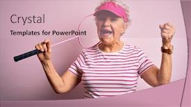  Presentation with badminton - Cool new slide deck with senior-beautiful-sportswoman-holding-badminton backdrop and a lemonade colored foreground