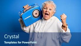  Presentation with vintage radio - Presentation theme with senior-beautiful-woman-holding-vintage background and a ocean colored foreground