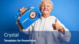  Presentation with vintage radio - Colorful presentation theme enhanced with senior-beautiful-woman-holding-vintage backdrop and a ocean colored foreground