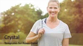  Presentation with senior fitness - Theme featuring senior beautiful woman holding a grey yoga mat preparing for exercise portrait of a mature smiling woman with fitness mat in the park mid woman dressed in yoga clothes standing outdoor background and a gold colored foreground