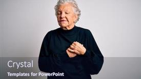  Presentation with black hands - Slide deck having senior-beautiful-woman-wearing-casual background and a navy blue colored foreground