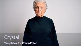  Presentation with woman crying - PPT theme featuring senior-beautiful-woman-wearing-casual background and a navy blue colored foreground