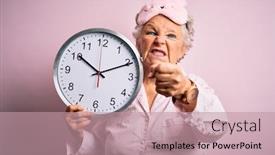  Presentation with sleep - Cool new PPT theme with senior-beautiful-woman-wearing-sleep backdrop and a coral colored foreground