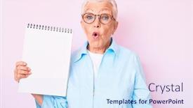  Presentation with blue eyes - Amazing PPT theme having senior-beautiful-woman-with-blue backdrop and a sky blue colored foreground