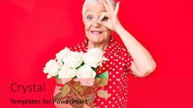  Presentation with hand holding flowers - Colorful PPT theme enhanced with senior-beautiful-woman-with-blue backdrop and a red colored foreground