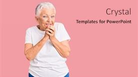  Presentation with blue eyes - PPT theme featuring senior-beautiful-woman-with-blue background and a coral colored foreground