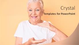  Presentation with blue eyes - PPT theme consisting of senior-beautiful-woman-with-blue background and a lemonade colored foreground