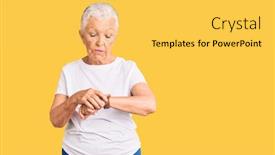  Presentation with tshirt - PPT theme with senior-beautiful-woman-with-blue background and a yellow colored foreground