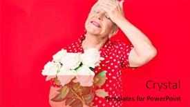  Presentation with hand holding flowers - Amazing theme having senior-beautiful-woman-with-blue backdrop and a red colored foreground