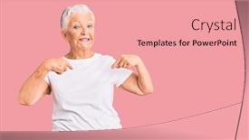  Presentation with blue eyes - Colorful PPT theme enhanced with senior-beautiful-woman-with-blue backdrop and a coral colored foreground