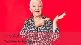  Presentation with hand print - Colorful PPT theme enhanced with senior-beautiful-woman-with-blue backdrop and a red colored foreground