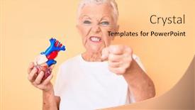  Presentation with blue eyes - PPT theme featuring senior-beautiful-woman-with-blue background and a lemonade colored foreground