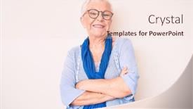  Presentation with blue eyes - Colorful PPT theme enhanced with senior-beautiful-woman-with-blue backdrop and a lemonade colored foreground