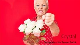  Presentation with hand holding flowers - Beautiful presentation design featuring senior-beautiful-woman-with-blue backdrop and a red colored foreground