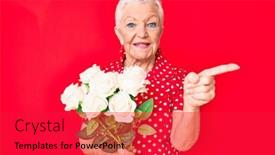  Presentation with hand holding flowers - Slide deck featuring senior-beautiful-woman-with-blue background and a red colored foreground