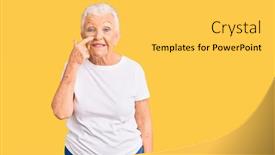  Presentation with tshirt - Colorful slide set enhanced with senior-beautiful-woman-with-blue backdrop and a yellow colored foreground
