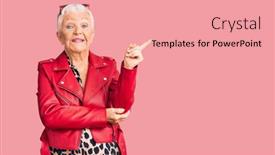  Presentation with red grey - Cool new PPT theme with senior-beautiful-woman-with-blue backdrop and a coral colored foreground