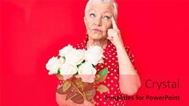  Presentation with hand holding flowers - Cool new slides with senior-beautiful-woman-with-blue backdrop and a red colored foreground