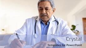  Presentation with medical desk - PPT theme consisting of senior-biracial-male-doctor-sitting background and a light blue colored foreground